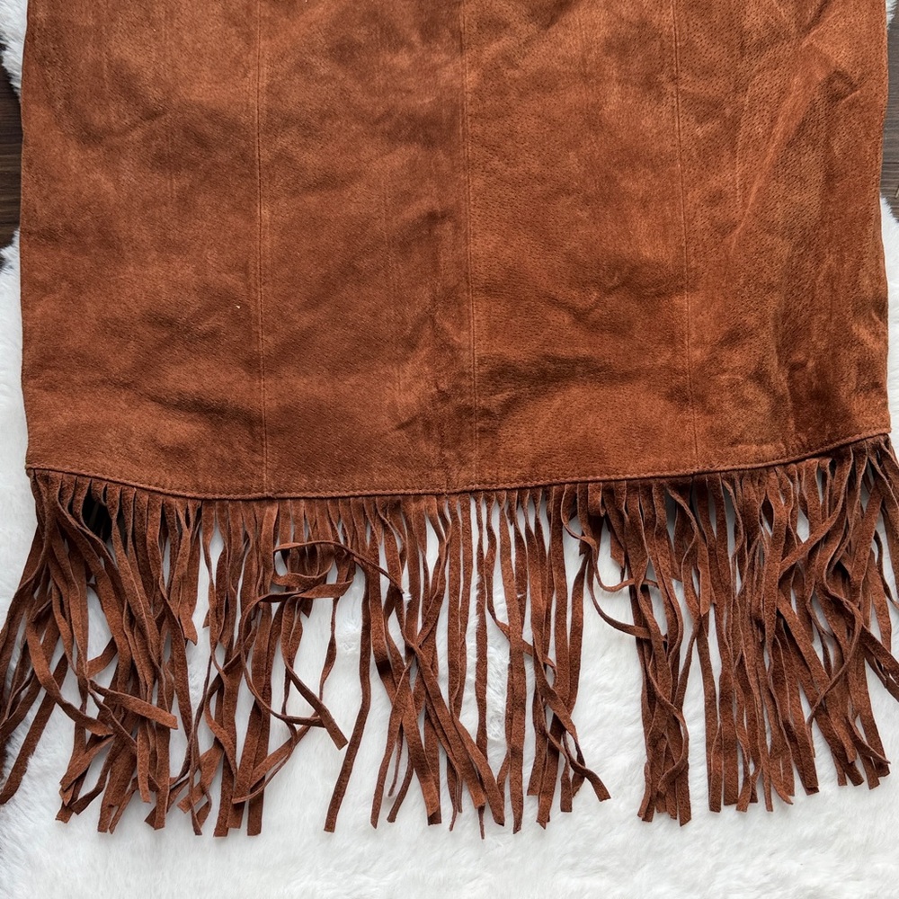 Pamela McCoy 100% Leather Fringe Midi Skirt Brown size XS Western Boho Vintage - Picture 8 of 8